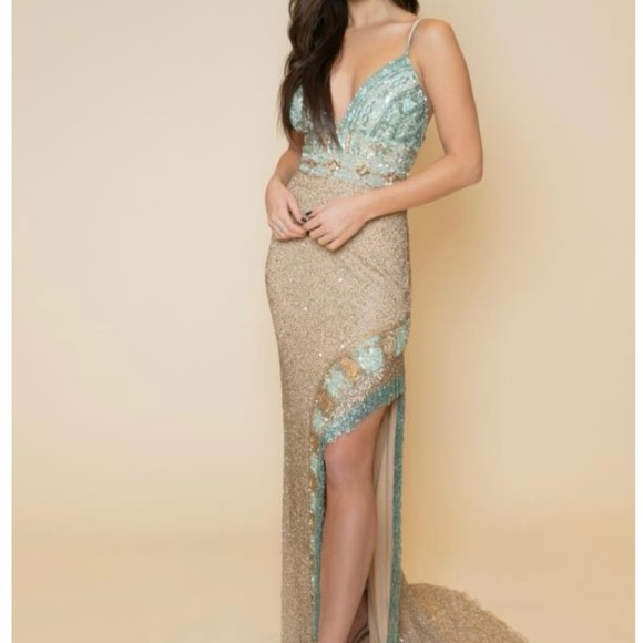 Rare hard to find Sherri Hill 54140 Gold Aqua Beaded Backless
Prom Evening Gown - Picture 15 of 16